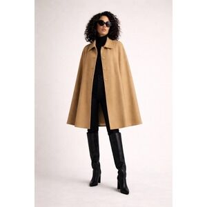 Camel Cashmere Blend Cape Coat Designer Sample Fully Lined Minimalist Luxury Med